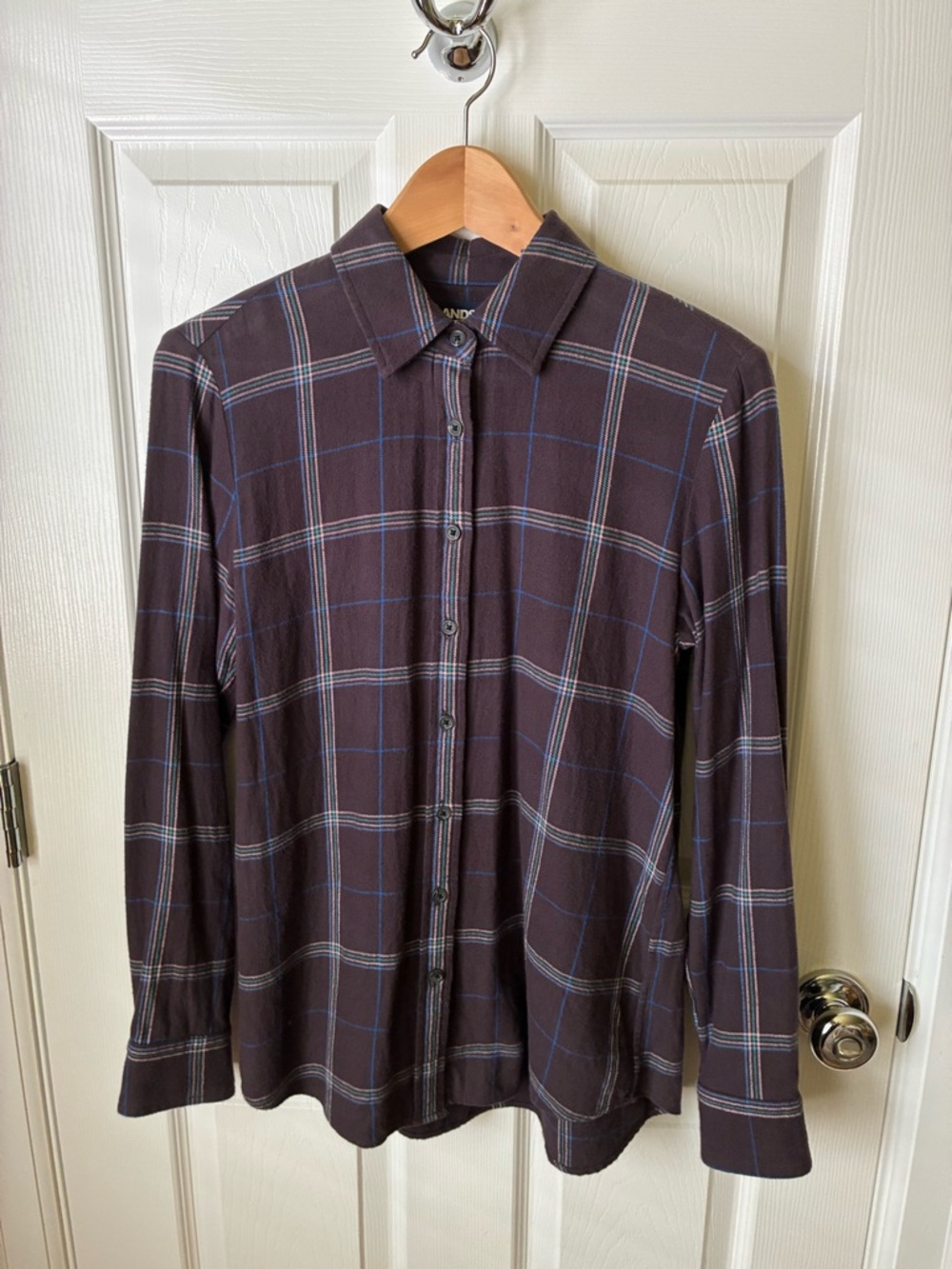 Lands' End boyfriend flannel eggplant Plaid Button-Down Shirt with Blue Check